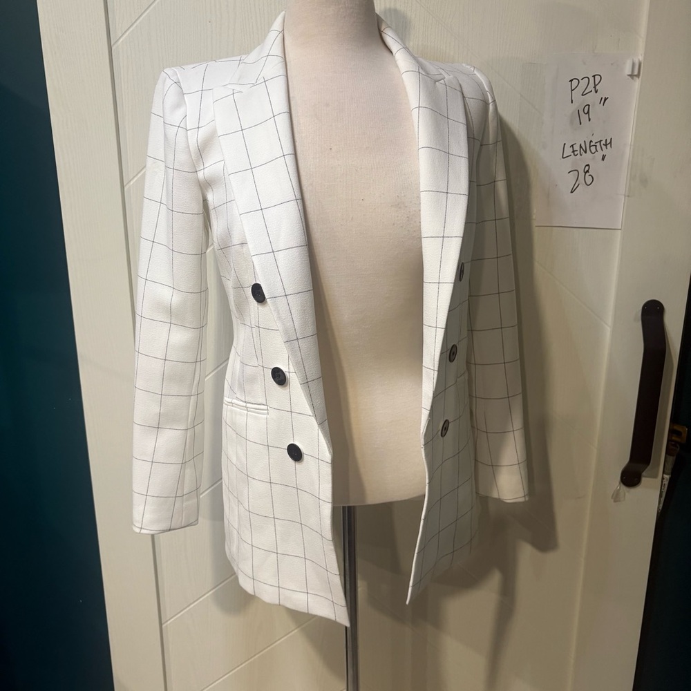 Bar III White Windowpane Plaid Blazer (XS) 80s‎ Style/ Retro/ - Picture 2 of 7